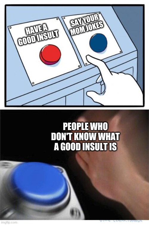 They do that alot | SAY YOUR MOM JOKES; HAVE A GOOD INSULT; PEOPLE WHO DON'T KNOW WHAT A GOOD INSULT IS | image tagged in two buttons 1 blue | made w/ Imgflip meme maker