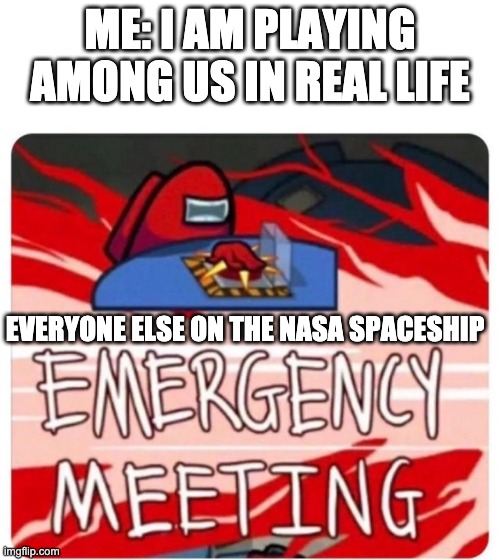 Welp, shit. | ME: I AM PLAYING AMONG US IN REAL LIFE; EVERYONE ELSE ON THE NASA SPACESHIP | image tagged in emergency meeting among us | made w/ Imgflip meme maker
