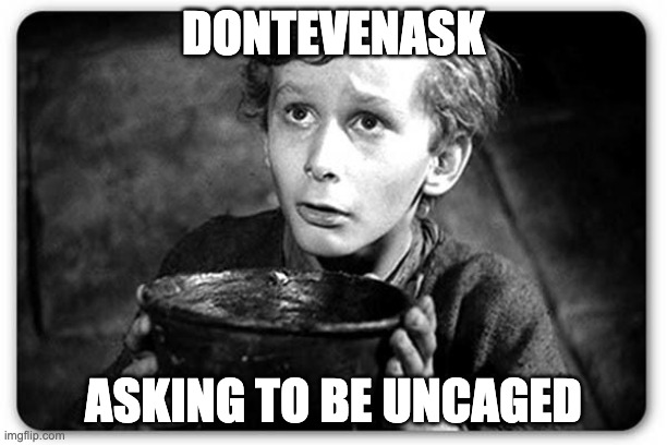 Beggar | DONTEVENASK; ASKING TO BE UNCAGED | image tagged in beggar | made w/ Imgflip meme maker