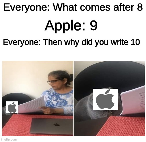 oof | Everyone: What comes after 8; Apple: 9; Everyone: Then why did you write 10 | image tagged in blank white template | made w/ Imgflip meme maker