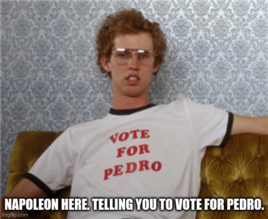 Vote for pedro  |  NAPOLEON HERE. TELLING YOU TO VOTE FOR PEDRO. | image tagged in vote for pedro | made w/ Imgflip meme maker
