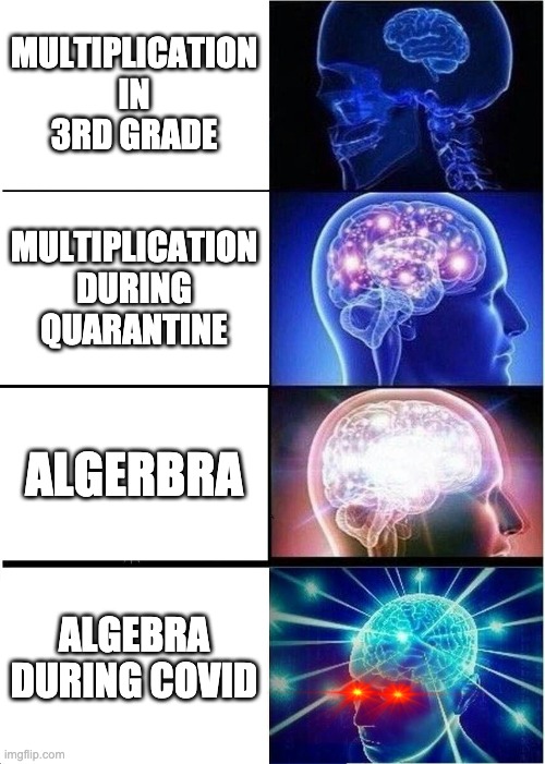 Expanding Brain | MULTIPLICATION IN 3RD GRADE; MULTIPLICATION DURING QUARANTINE; ALGERBRA; ALGEBRA DURING COVID | image tagged in memes,expanding brain | made w/ Imgflip meme maker