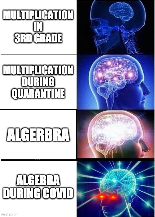 Expanding Brain Meme | MULTIPLICATION IN 3RD GRADE; MULTIPLICATION DURING QUARANTINE; ALGERBRA; ALGEBRA DURING COVID | image tagged in memes,expanding brain | made w/ Imgflip meme maker