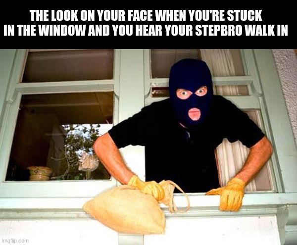 Karma Thief | THE LOOK ON YOUR FACE WHEN YOU'RE STUCK IN THE WINDOW AND YOU HEAR YOUR STEPBRO WALK IN | image tagged in karma thief | made w/ Imgflip meme maker