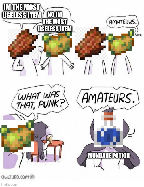 Amateurs | IM THE MOST USELESS ITEM; NO IM THE MOST USELESS ITEM; MUNDANE POTION | image tagged in amateurs | made w/ Imgflip meme maker