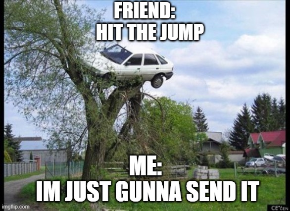 car in tree | FRIEND: 
  HIT THE JUMP; ME:
 IM JUST GUNNA SEND IT | image tagged in memes,secure parking | made w/ Imgflip meme maker