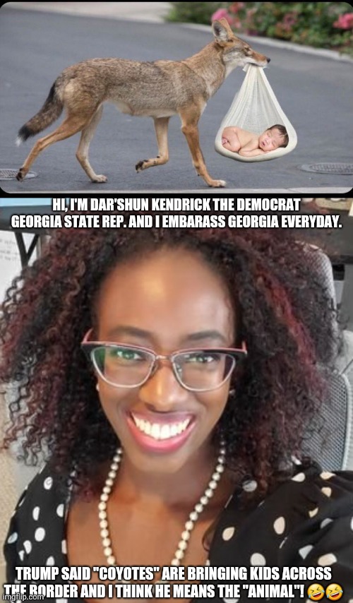 democrats | HI, I'M DAR'SHUN KENDRICK THE DEMOCRAT GEORGIA STATE REP. AND I EMBARASS GEORGIA EVERYDAY. TRUMP SAID "COYOTES" ARE BRINGING KIDS ACROSS THE BORDER AND I THINK HE MEANS THE "ANIMAL"! 🤣🤣 | image tagged in georgia | made w/ Imgflip meme maker