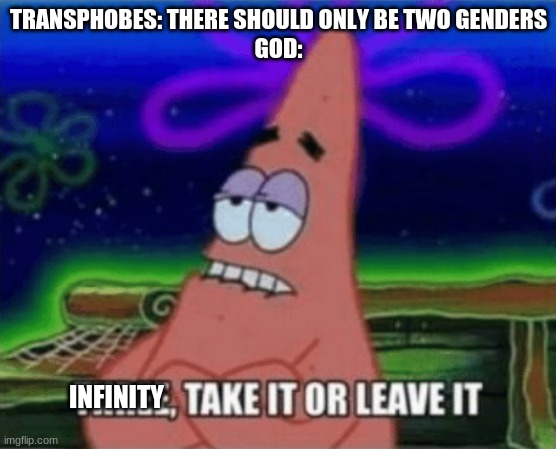 And than the transphobes defy god | TRANSPHOBES: THERE SHOULD ONLY BE TWO GENDERS
GOD:; INFINITY | image tagged in three take it or leave it | made w/ Imgflip meme maker
