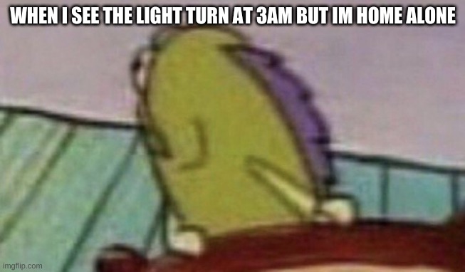 Spongebob Fish looking back | WHEN I SEE THE LIGHT TURN AT 3AM BUT IM HOME ALONE | image tagged in spongebob fish looking back | made w/ Imgflip meme maker