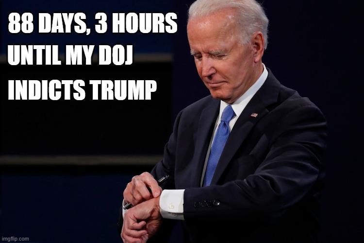 Joe Biden checks his watch | UNTIL MY DOJ; 88 DAYS, 3 HOURS; INDICTS TRUMP | image tagged in presidential debate,smilin biden,dump trump,trump corrupt,trump prison,doj | made w/ Imgflip meme maker