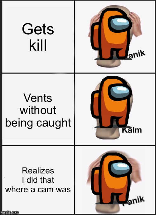 Dang |  Gets kill; Vents without being caught; Realizes I did that where a cam was | image tagged in memes,panik kalm panik | made w/ Imgflip meme maker