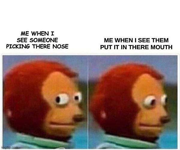 Monkey Puppet Meme | ME WHEN I SEE THEM PUT IT IN THERE MOUTH; ME WHEN I SEE SOMEONE PICKING THERE NOSE | image tagged in memes,monkey puppet | made w/ Imgflip meme maker