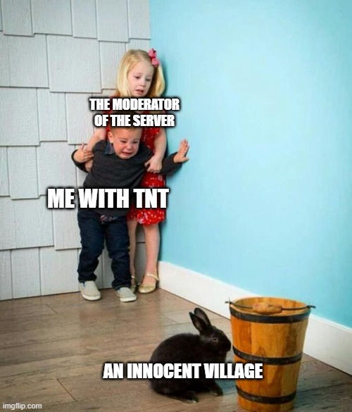 Children scared of rabbit | THE MODERATOR OF THE SERVER; ME WITH TNT; AN INNOCENT VILLAGE | image tagged in children scared of rabbit | made w/ Imgflip meme maker