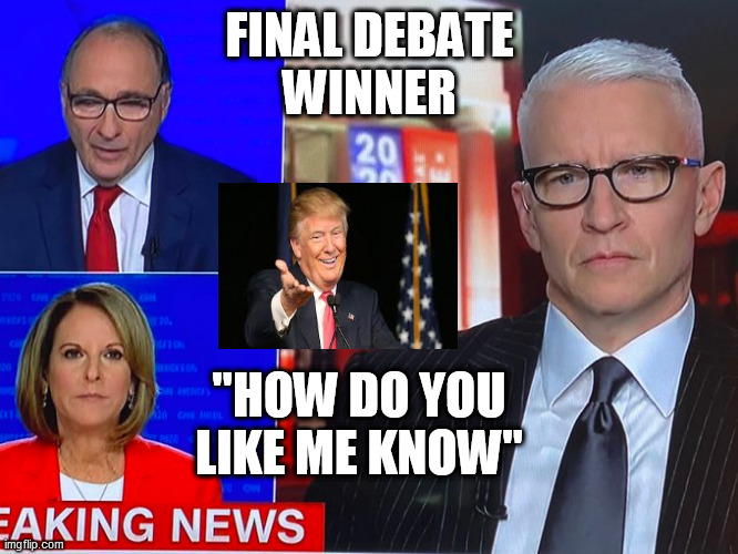 final debate | FINAL DEBATE
WINNER; "HOW DO YOU LIKE ME KNOW" | image tagged in biden trump debate,final debate,trump wins debate | made w/ Imgflip meme maker