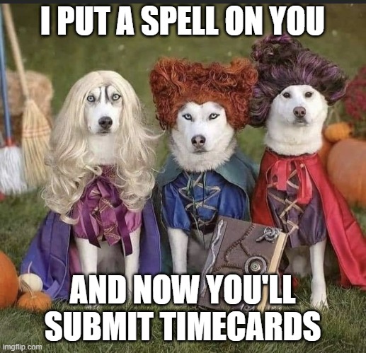 Halloween timecard | I PUT A SPELL ON YOU; AND NOW YOU'LL SUBMIT TIMECARDS | image tagged in timecard reminder | made w/ Imgflip meme maker