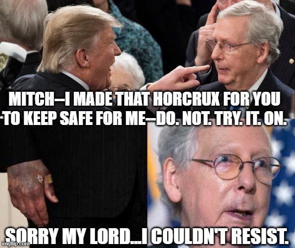 what really happed to mitch McConnell's hand | MITCH--I MADE THAT HORCRUX FOR YOU TO KEEP SAFE FOR ME--DO. NOT. TRY. IT. ON. SORRY MY LORD...I COULDN'T RESIST. | image tagged in trum,mcconnell,hand,horcrux | made w/ Imgflip meme maker