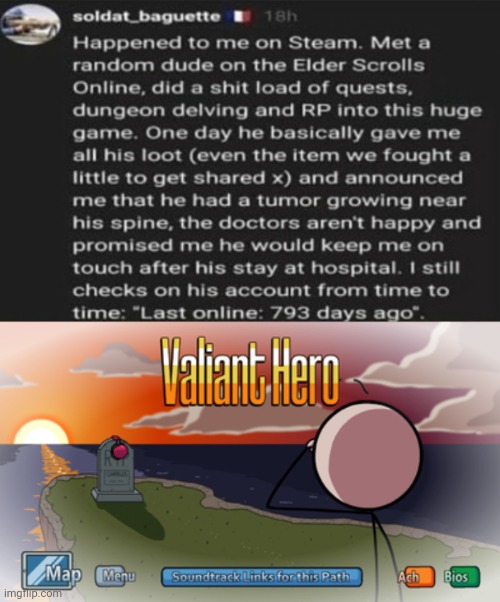 Rise up and press F for this fallen gamer | image tagged in valiant hero | made w/ Imgflip meme maker