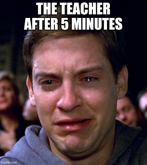 crying peter parker | THE TEACHER AFTER 5 MINUTES | image tagged in crying peter parker | made w/ Imgflip meme maker