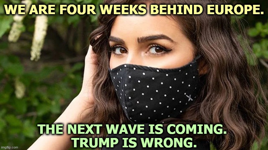 Never mind the happy talk, this winter may be worse than last spring. | WE ARE FOUR WEEKS BEHIND EUROPE. THE NEXT WAVE IS COMING. 
TRUMP IS WRONG. | image tagged in covid-19,coronavirus,wave,month,trump,wrong | made w/ Imgflip meme maker