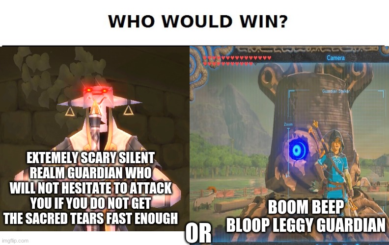 Boom beep bloop | EXTEMELY SCARY SILENT REALM GUARDIAN WHO WILL NOT HESITATE TO ATTACK YOU IF YOU DO NOT GET THE SACRED TEARS FAST ENOUGH; OR; BOOM BEEP BLOOP LEGGY GUARDIAN | image tagged in the legend of zelda | made w/ Imgflip meme maker