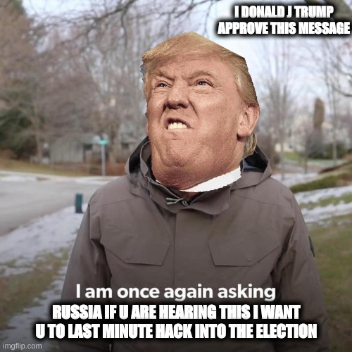 trump | I DONALD J TRUMP APPROVE THIS MESSAGE; RUSSIA IF U ARE HEARING THIS I WANT U TO LAST MINUTE HACK INTO THE ELECTION | image tagged in memes,bernie i am once again asking for your support,donald trump approves | made w/ Imgflip meme maker