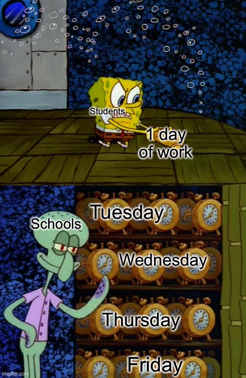 Spongebob vs Squidward Alarm Clocks | Students; 1 day of work; Schools; Tuesday; Wednesday; Thursday; Friday | image tagged in spongebob vs squidward alarm clocks | made w/ Imgflip meme maker