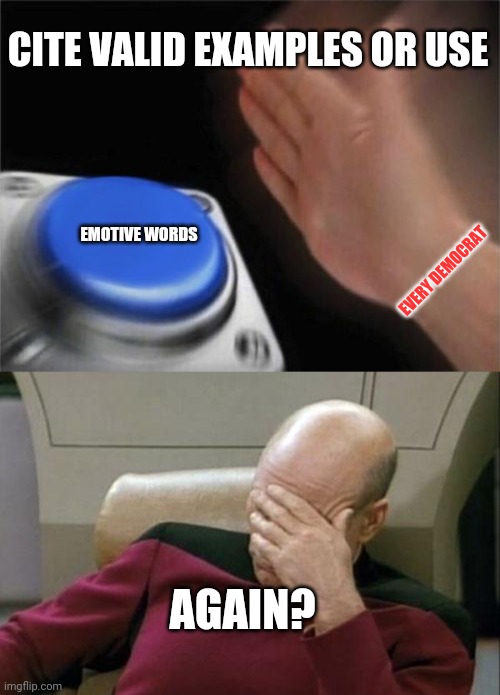 CITE VALID EXAMPLES OR USE EMOTIVE WORDS EVERY DEMOCRAT AGAIN? | image tagged in memes,captain picard facepalm,blank nut button | made w/ Imgflip meme maker