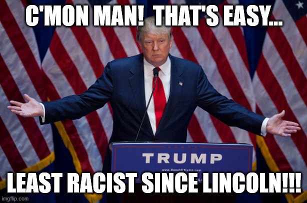 Donald Trump | C'MON MAN!  THAT'S EASY... LEAST RACIST SINCE LINCOLN!!! | image tagged in donald trump | made w/ Imgflip meme maker