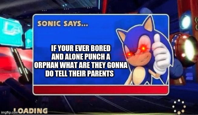 Sonic Says | IF YOUR EVER BORED AND ALONE PUNCH A ORPHAN WHAT ARE THEY GONNA DO TELL THEIR PARENTS | image tagged in sonic says,cats | made w/ Imgflip meme maker
