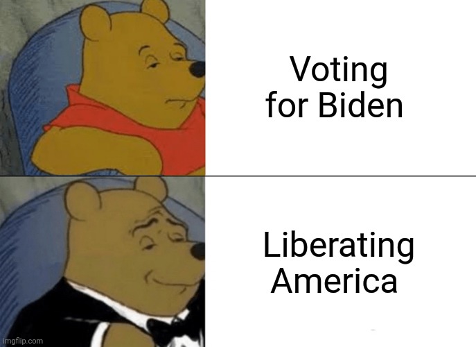 The right way to liberate America is to vote trump out | Voting for Biden; Liberating America | image tagged in memes,tuxedo winnie the pooh | made w/ Imgflip meme maker