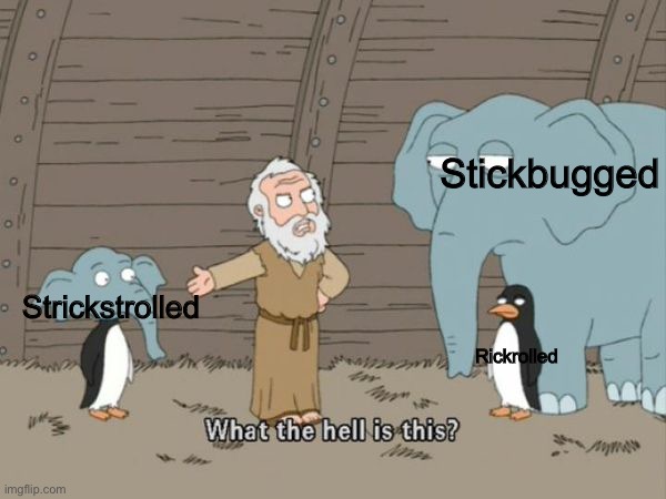 What the hell is this? | Stickbugged; Rickrolled; Strickstrolled | image tagged in what the hell is this,rickroll,stickbugged,rick astley,what is this | made w/ Imgflip meme maker