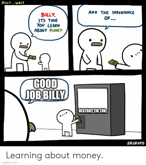 Billy Learning About Money | GOOD JOB BILLY; DESTROY TIK TOK | image tagged in billy learning about money | made w/ Imgflip meme maker