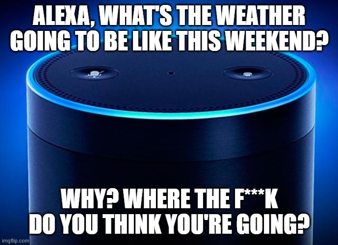 Alexa 2020 Covid | ALEXA, WHAT'S THE WEATHER GOING TO BE LIKE THIS WEEKEND? WHY? WHERE THE F***K DO YOU THINK YOU'RE GOING? | image tagged in alexa,2020 sucks,covid-19,funny,funny memes,funny meme | made w/ Imgflip meme maker