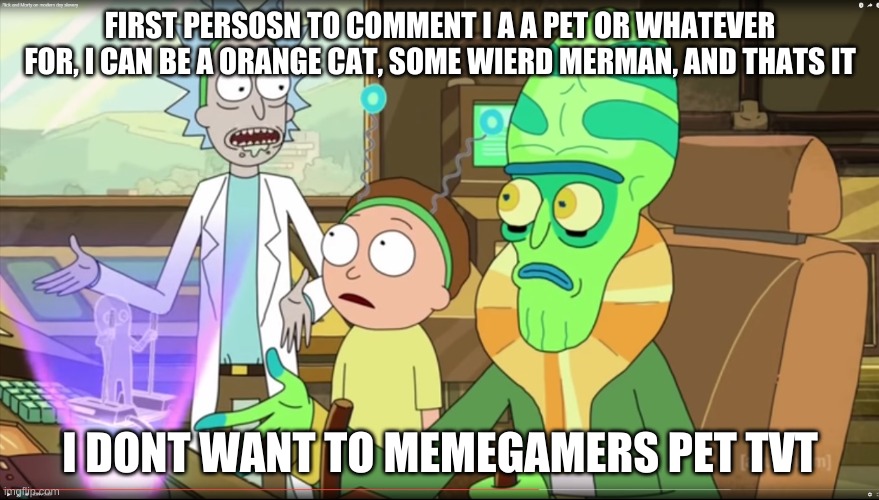 Nvm I can be mutiple peoples pets with mutiple me's | FIRST PERSOSN TO COMMENT I A A PET OR WHATEVER FOR, I CAN BE A ORANGE CAT, SOME WIERD MERMAN, AND THATS IT; I DONT WANT TO MEMEGAMERS PET TVT | image tagged in rick and morty slavery with extra steps | made w/ Imgflip meme maker