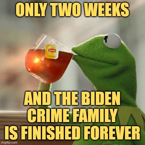 But That's None Of My Business Meme | ONLY TWO WEEKS AND THE BIDEN CRIME FAMILY IS FINISHED FOREVER | image tagged in memes,but that's none of my business,kermit the frog | made w/ Imgflip meme maker