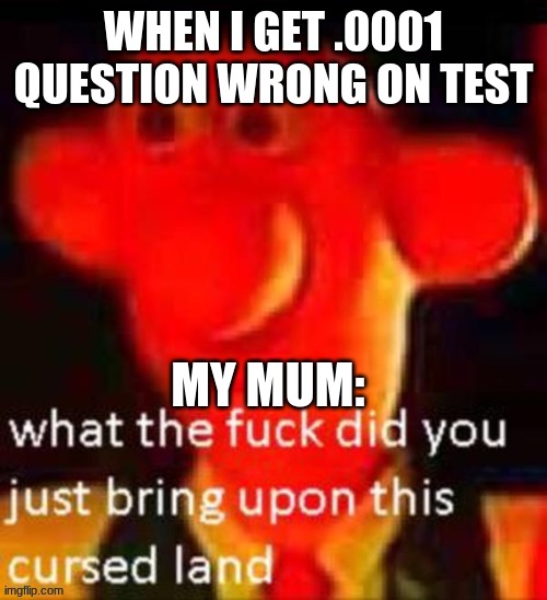 what the f did u just bring | WHEN I GET .0001 QUESTION WRONG ON TEST; MY MUM: | image tagged in what the f did u just bring | made w/ Imgflip meme maker