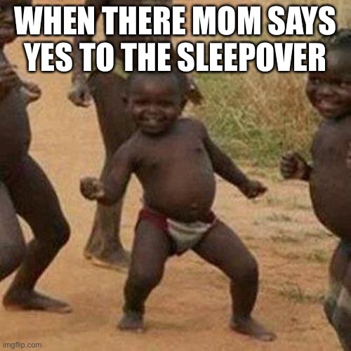 Third World Success Kid Meme | WHEN THERE MOM SAYS YES TO THE SLEEPOVER | image tagged in memes,third world success kid | made w/ Imgflip meme maker