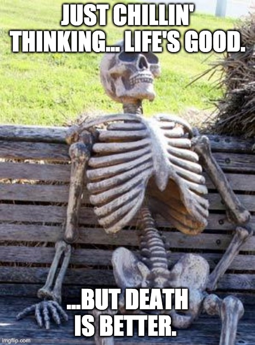 Waiting Skeleton Meme | JUST CHILLIN'
THINKING... LIFE'S GOOD. ...BUT DEATH IS BETTER. | image tagged in memes,waiting skeleton | made w/ Imgflip meme maker