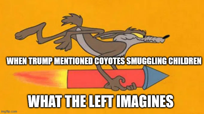 Coyote Smuggler | WHEN TRUMP MENTIONED COYOTES SMUGGLING CHILDREN; WHAT THE LEFT IMAGINES | image tagged in wile e coyote,illegal immigration | made w/ Imgflip meme maker