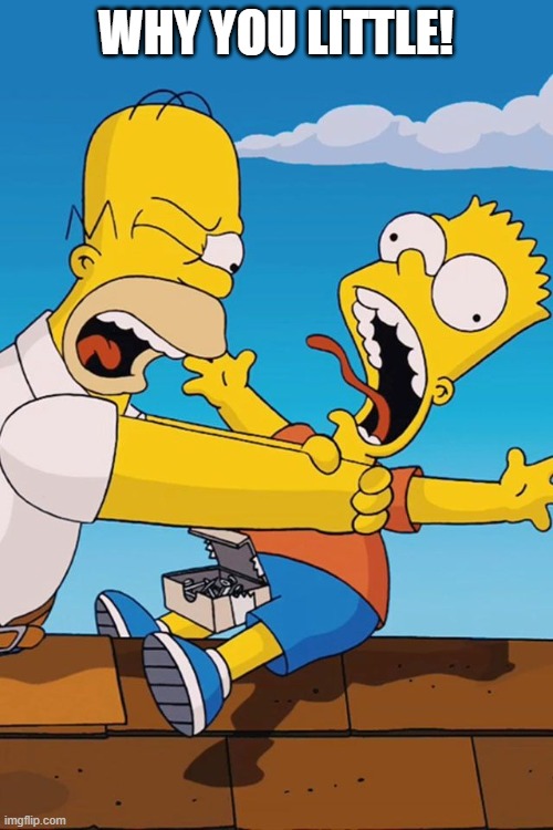 Homer choking Bart | WHY YOU LITTLE! | image tagged in homer choking bart | made w/ Imgflip meme maker