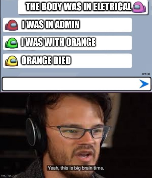 every meeting ever | THE BODY WAS IN ELETRICAL; I WAS IN ADMIN; I WAS WITH ORANGE; ORANGE DIED | image tagged in among us chat | made w/ Imgflip meme maker