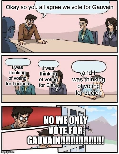 vote Gauvain | Okay so you all agree we vote for Gauvain; I was thinking of voting for Lucinda; I was thinking of voting for Elara; and I was thinking of voting for Lucien; NO WE ONLY VOTE FOR GAUVAIN!!!!!!!!!!!!!!!!! | image tagged in memes,boardroom meeting suggestion | made w/ Imgflip meme maker