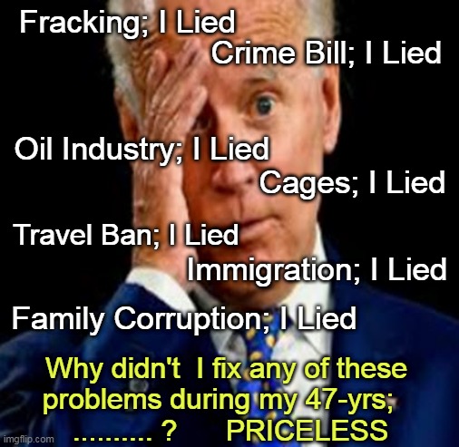 Joe Biden Lied | Fracking; I Lied; Crime Bill; I Lied; Oil Industry; I Lied; Cages; I Lied; Travel Ban; I Lied; Immigration; I Lied; Family Corruption; I Lied; Why didn't  I fix any of these 
problems during my 47-yrs;   
.......... ?      PRICELESS | image tagged in dementiajoe,joe biden,priceless,liar | made w/ Imgflip meme maker