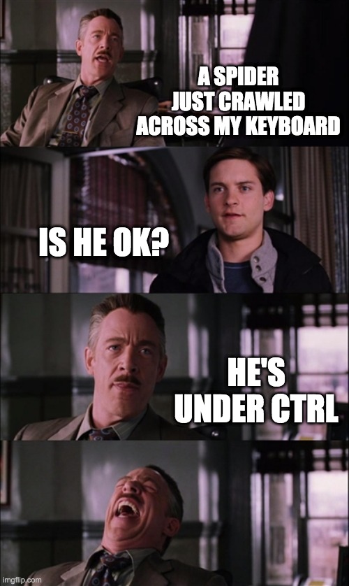 JJ's Got This | A SPIDER JUST CRAWLED ACROSS MY KEYBOARD; IS HE OK? HE'S UNDER CTRL | image tagged in memes,spiderman laugh | made w/ Imgflip meme maker
