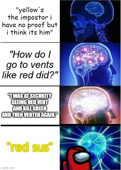 5 IQ-100000 IQ sayings | "yellow's the impostor i have no proof but i think its him"; "How do I go to vents like red did?"; "I WAS AT SECURITY SEEING RED VENT AND KILL GREEN AND THEN VENTED AGAIN."; "red sus" | image tagged in memes,expanding brain,among us | made w/ Imgflip meme maker