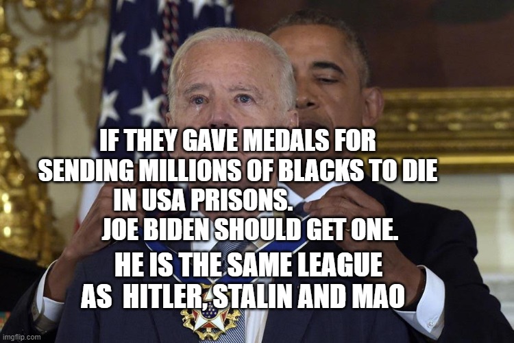 Joe Biden Freedom Award | IF THEY GAVE MEDALS FOR SENDING MILLIONS OF BLACKS TO DIE IN USA PRISONS.                       JOE BIDEN SHOULD GET ONE. HE IS THE SAME LEAGUE AS  HITLER, STALIN AND MAO | image tagged in joe biden freedom award | made w/ Imgflip meme maker