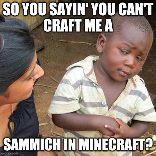 Third World Skeptical Kid Meme | SO YOU SAYIN' YOU CAN'T
CRAFT ME A; SAMMICH IN MINECRAFT? | image tagged in memes,third world skeptical kid | made w/ Imgflip meme maker