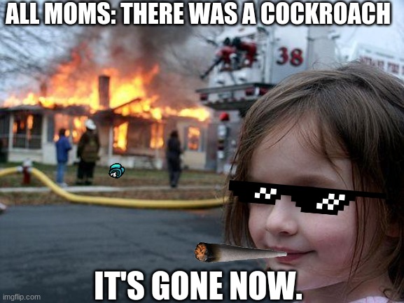 Disaster Girl | ALL MOMS: THERE WAS A COCKROACH; IT'S GONE NOW. | image tagged in memes,disaster girl | made w/ Imgflip meme maker