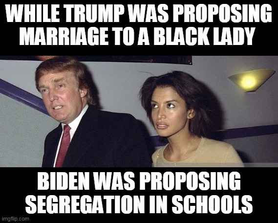 who's the real racist? | WHILE TRUMP WAS PROPOSING MARRIAGE TO A BLACK LADY; BIDEN WAS PROPOSING SEGREGATION IN SCHOOLS | image tagged in donald trump,creepy joe biden,kara young,segregation | made w/ Imgflip meme maker