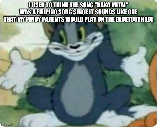 I don't even know anymore- :T | I USED TO THINK THE SONG "BAKA MITAI" WAS A FILIPINO SONG SINCE IT SOUNDS LIKE ONE THAT MY PINOY PARENTS WOULD PLAY ON THE BLUETOOTH LOL | image tagged in tom shrugging | made w/ Imgflip meme maker